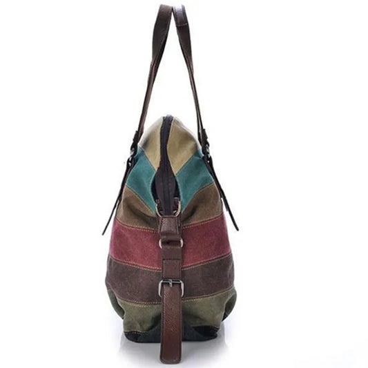 Striped Rainbow Canvas Tote Shoulder Bag
