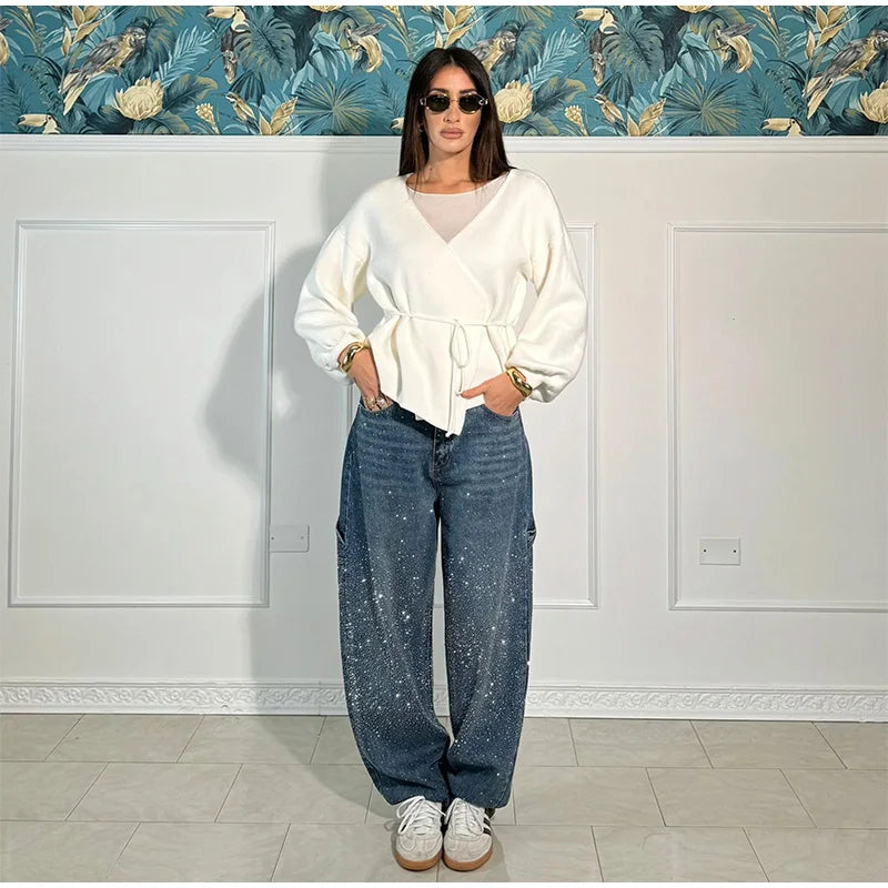 Casual Rhinestone Loose Harem Jeans