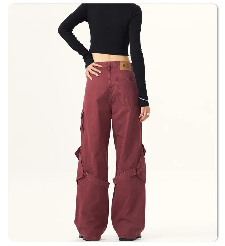 Red Vintage American Style Casual Pants