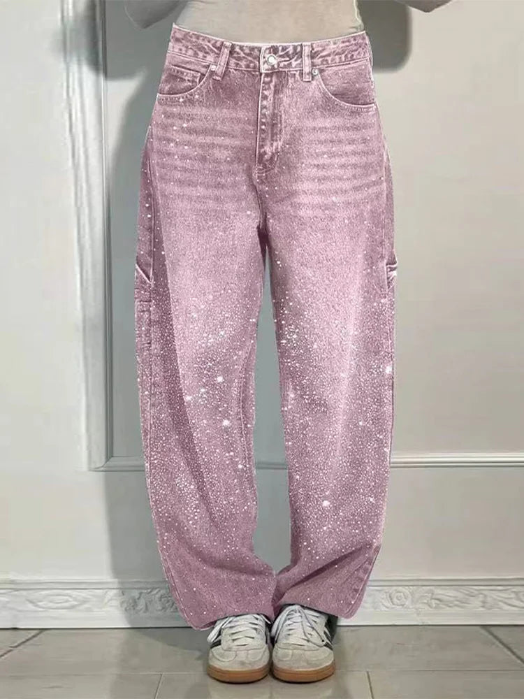 Casual Rhinestone Loose Harem Jeans