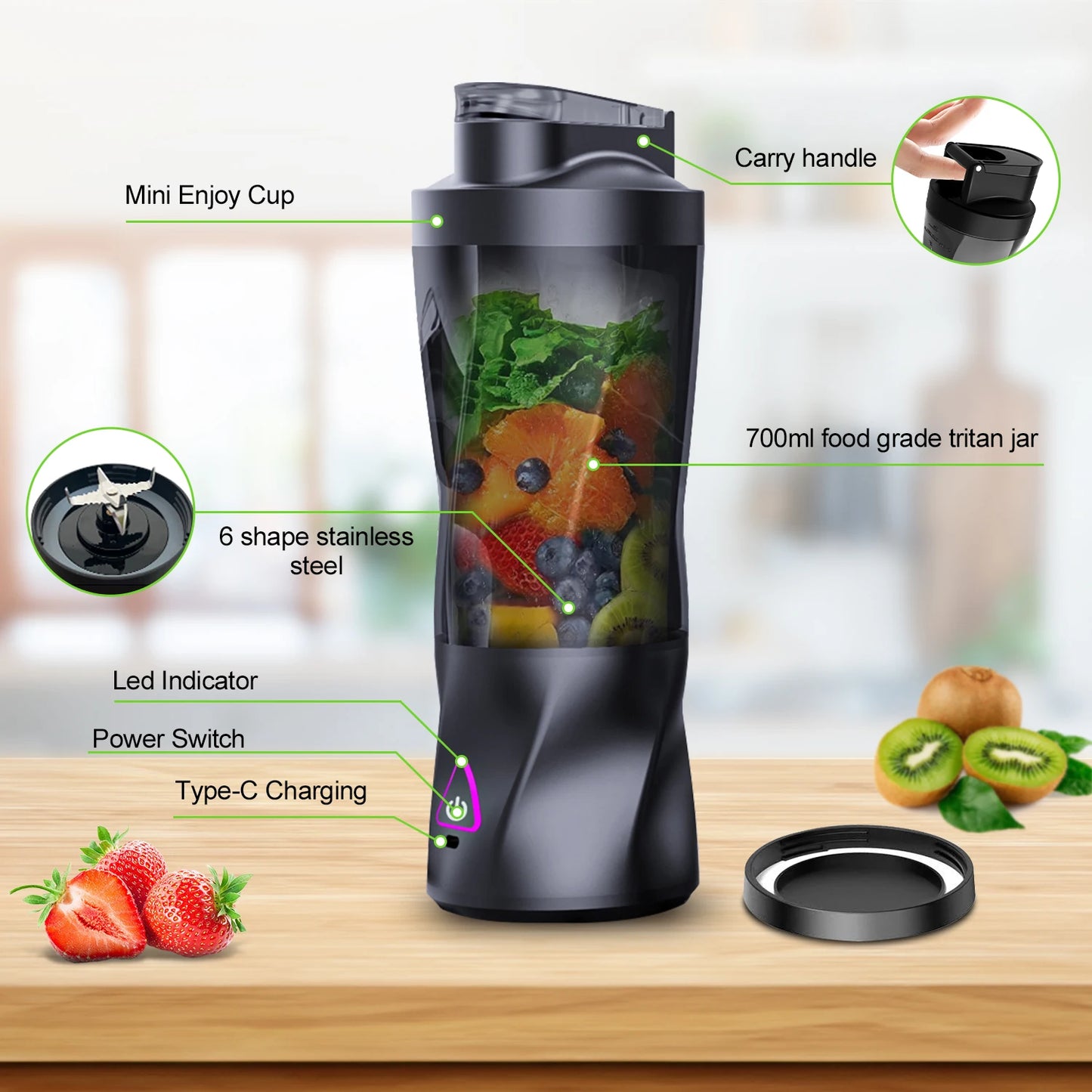 Portable Smoothie Blender Fresh Fruit blender 700ML USB Rechargeable Outdoor Mixing Cup