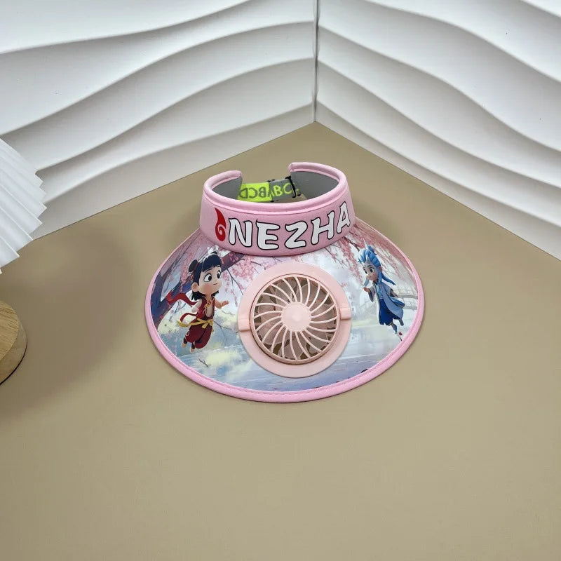 Cute Cartoon Wide Brim Kids Sun protection Fan Hat Charging USB