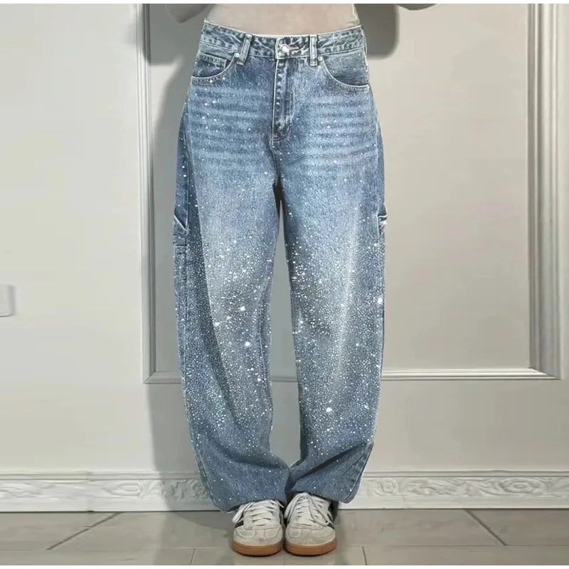Casual Rhinestone Loose Harem Jeans