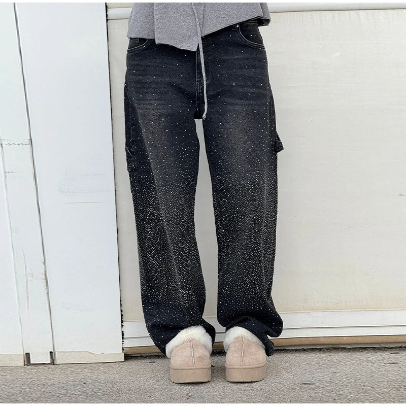 Casual Rhinestone Loose Harem Jeans