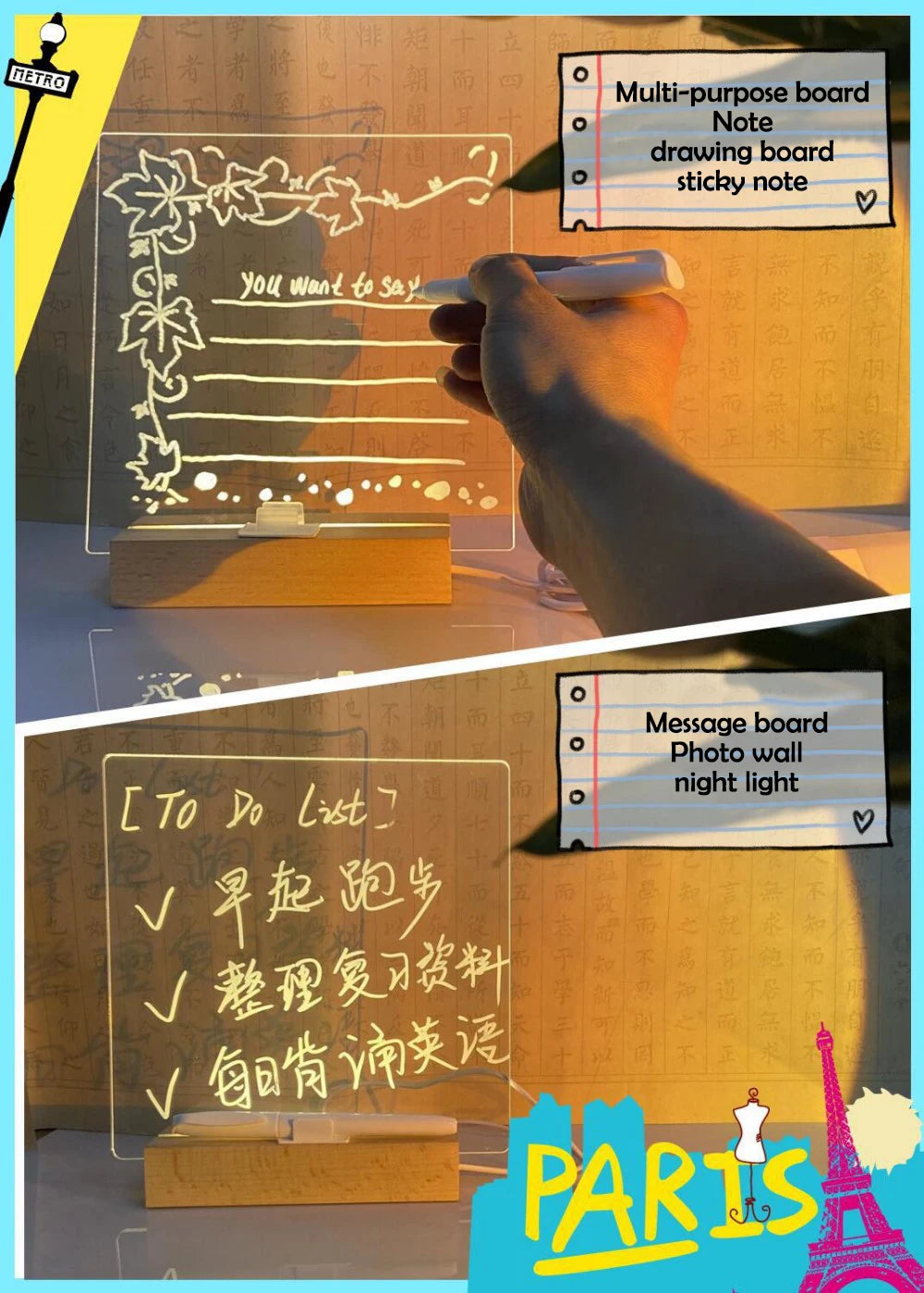 LED Note Acrylic Drawing Board Night Light With Colorful 7 Pens
