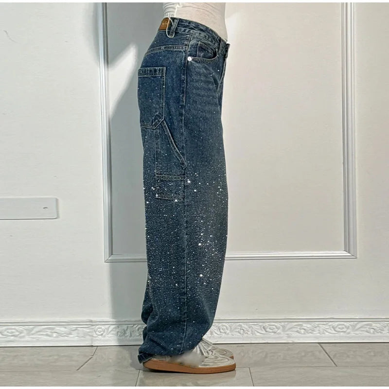 Casual Rhinestone Loose Harem Jeans