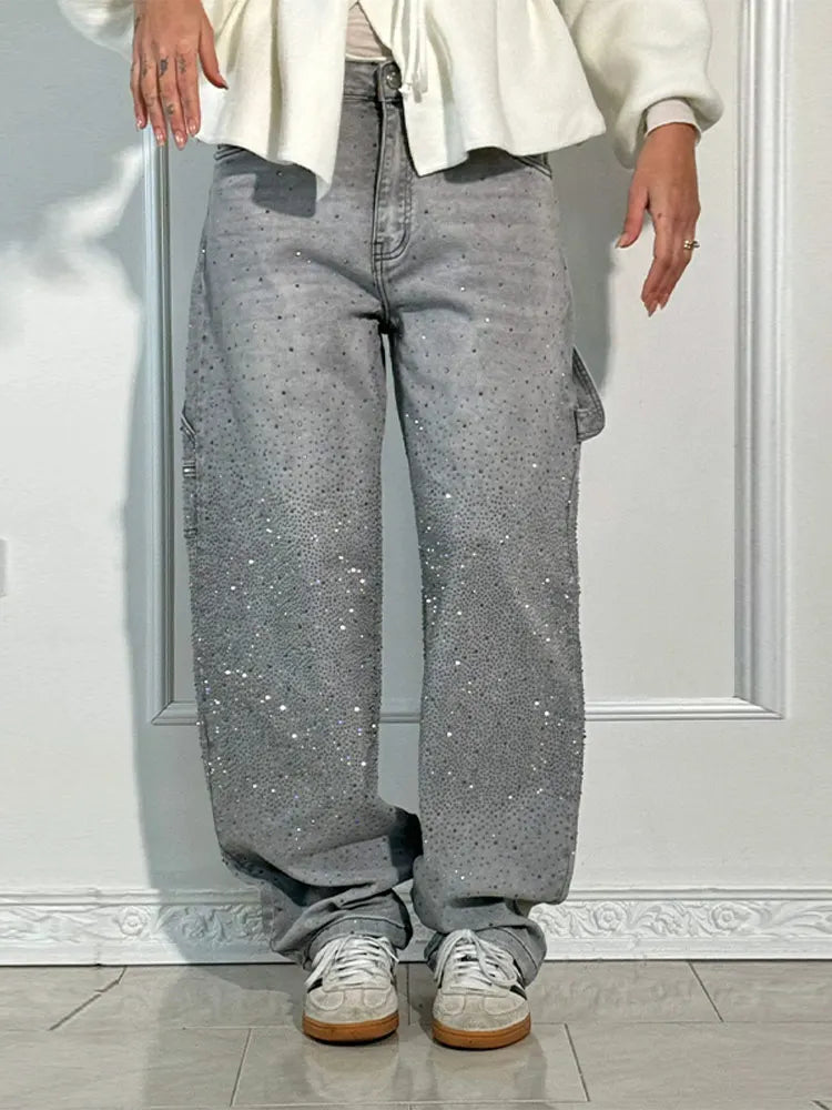 Casual Rhinestone Loose Harem Jeans