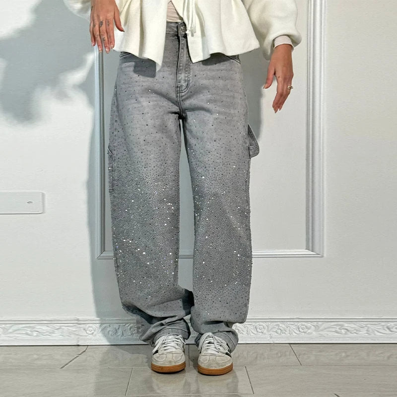 Casual Rhinestone Loose Harem Jeans