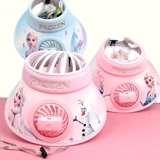New Disney Frozen Elsa Anna Olaf Wide Brim Kids Sun protection Fan Hat Charging USB