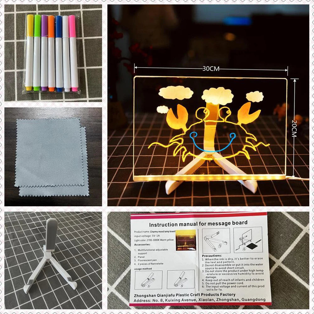 LED Note Board Night Light With Colorful 7 Pens Acrylic Drawing Board