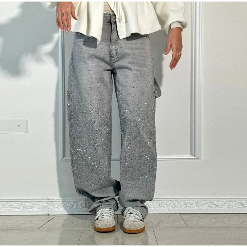 Casual Rhinestone Loose Harem Jeans