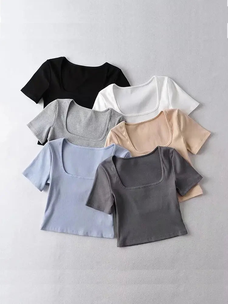 Square Neck Rib Crop Tops
