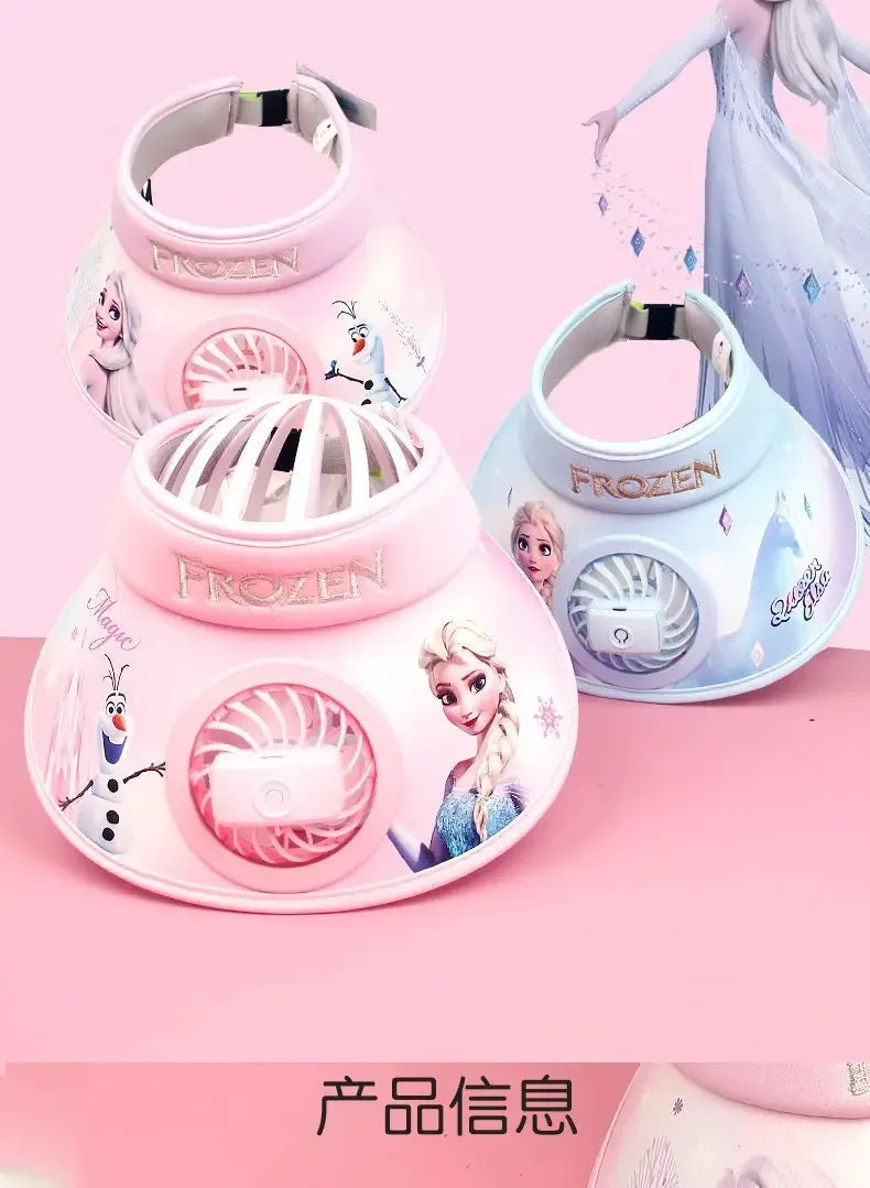 New Disney Frozen Elsa Anna Olaf Wide Brim Kids Sun protection Fan Hat Charging USB