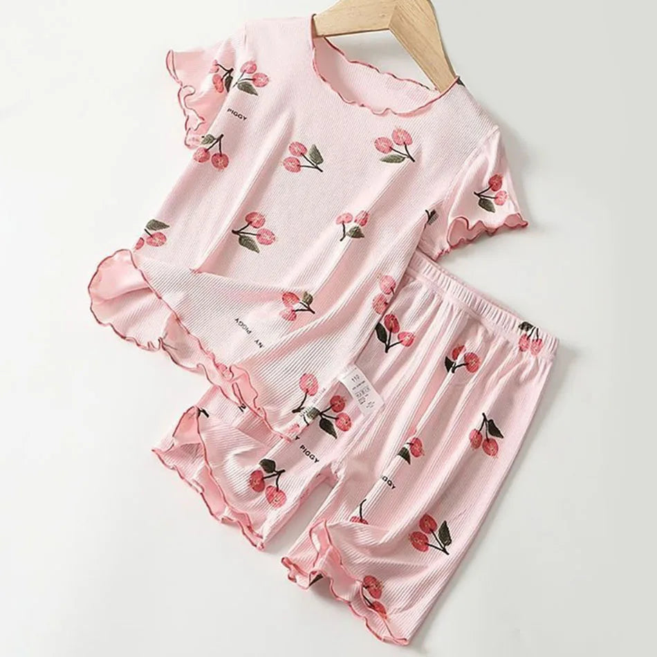 Girls Summer Pajama Set Cherry Blossom Print 4-Way Stretch Shorts & Tee Breathable