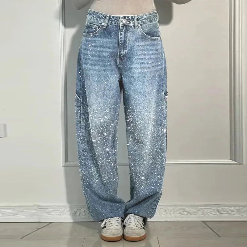 Casual Rhinestone Loose Harem Jeans