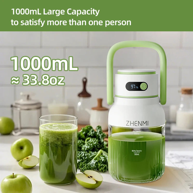 Portable Smoothie Blender 2-in-1 travel blender + bottle 1000ML USB Rechargeable Outdoor Mixing Cup