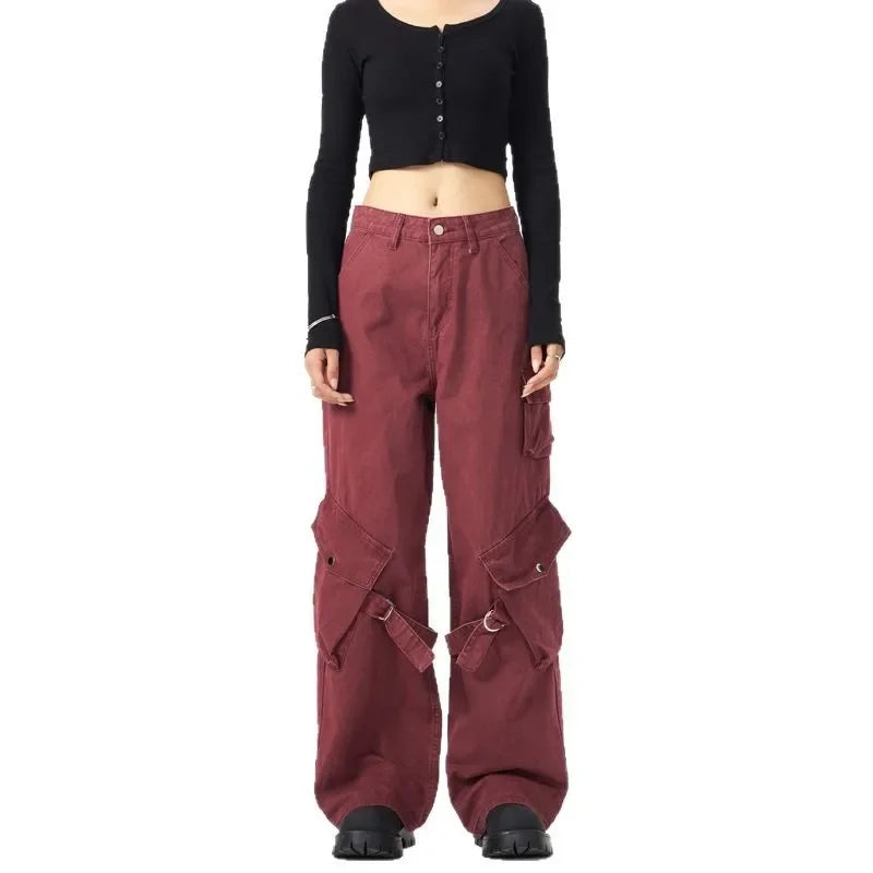 Red Vintage American Style Casual Pants
