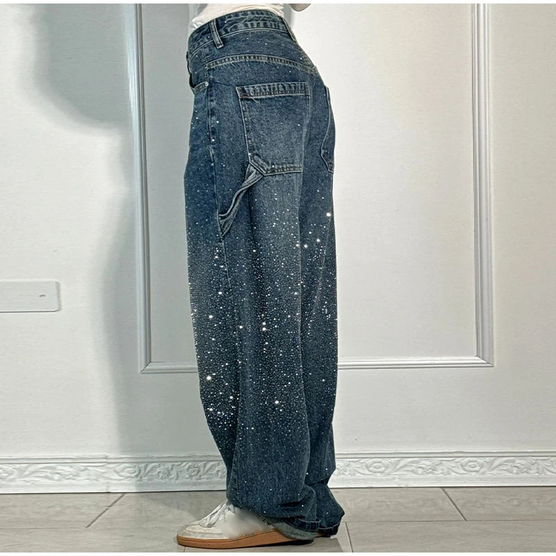 Casual Rhinestone Loose Harem Jeans