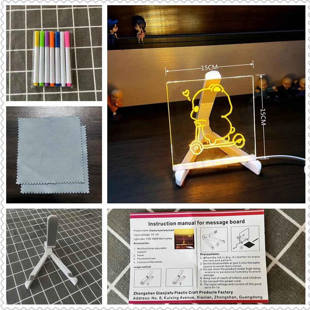 LED Note Board Night Light With Colorful 7 Pens Acrylic Drawing Board