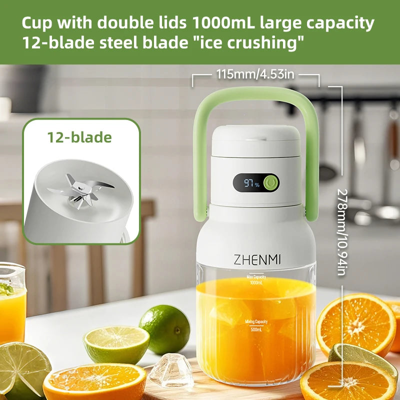 Portable Smoothie Blender 2-in-1 travel blender + bottle 1000ML USB Rechargeable Outdoor Mixing Cup