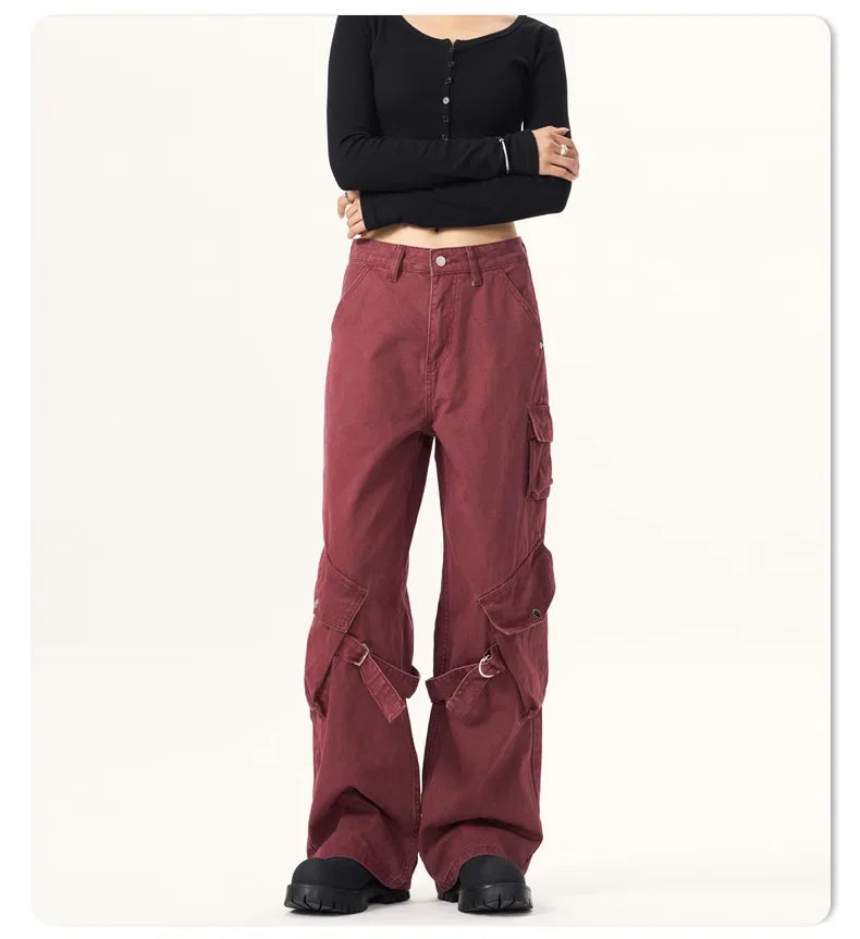 Red Vintage American Style Casual Pants