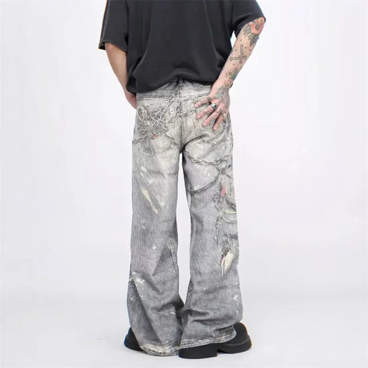 3D Chain Printed Baggy Jeans For Men