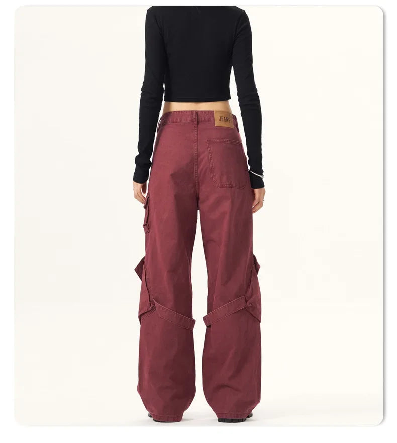 Red Vintage American Style Casual Pants