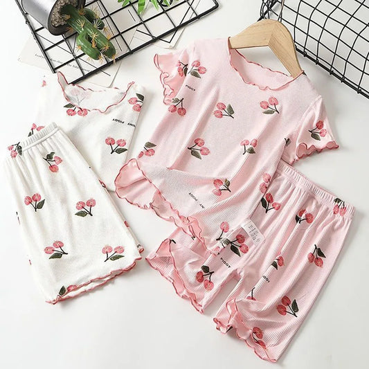 Girls Summer Pajama Set Cherry Blossom Print 4-Way Stretch Shorts & Tee Breathable