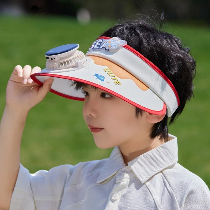 Cute Cartoon Design Solar Powered Kids Fan Hat Solar/USB