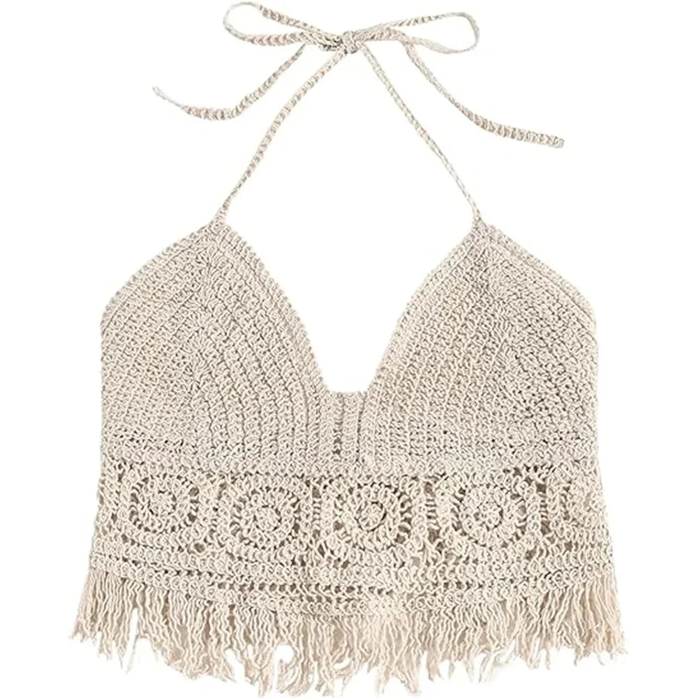 Boho Fringe Backless Halter Tie Neck