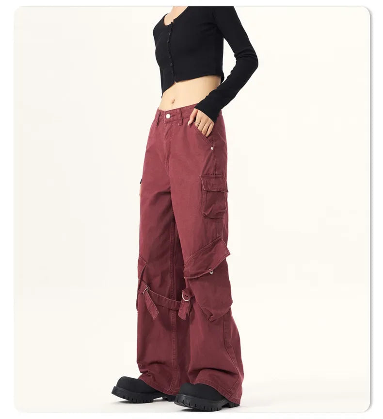 Red Vintage American Style Casual Pants