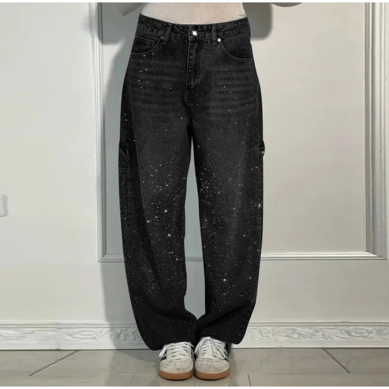 Casual Rhinestone Loose Harem Jeans