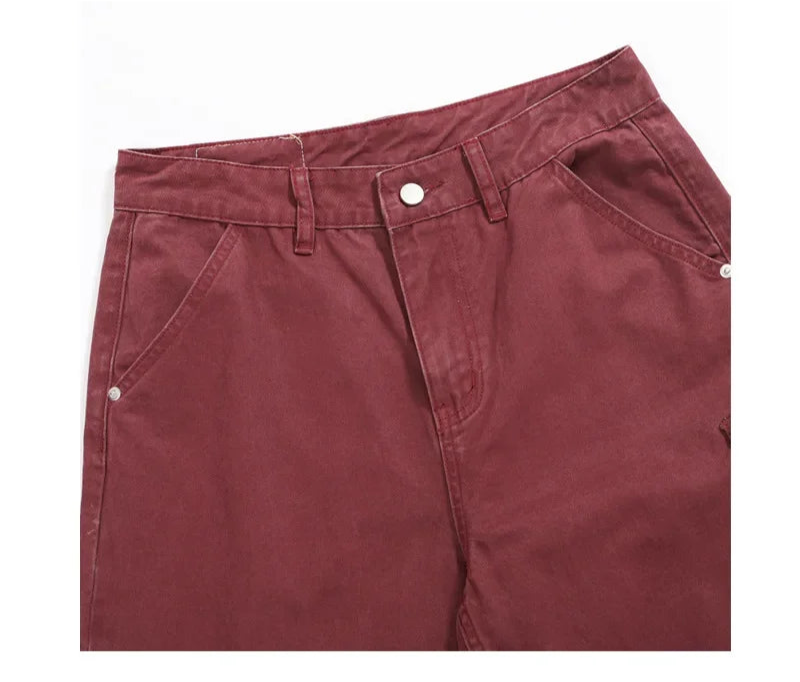 Red Vintage American Style Casual Pants