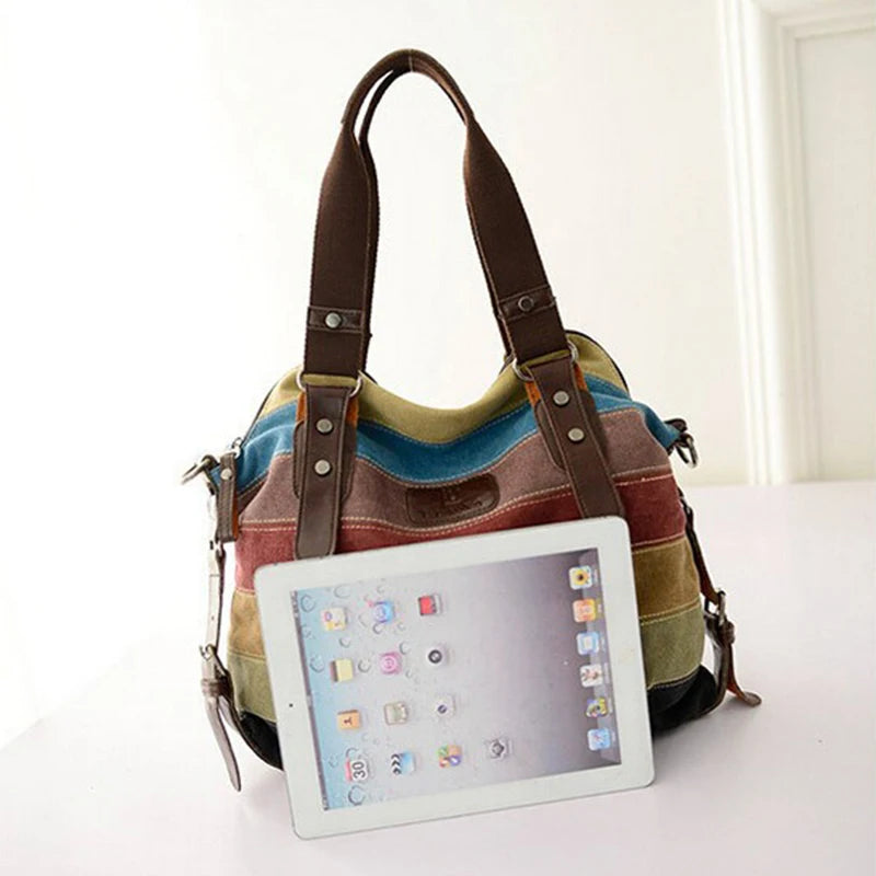 Striped Rainbow Canvas Tote Shoulder Bag