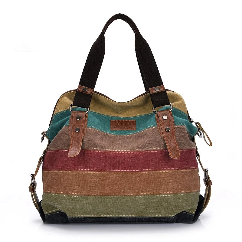 Striped Rainbow Canvas Tote Shoulder Bag