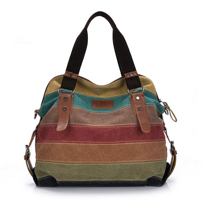 Striped Rainbow Canvas Tote Shoulder Bag