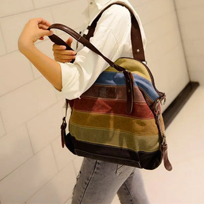 Striped Rainbow Canvas Tote Shoulder Bag