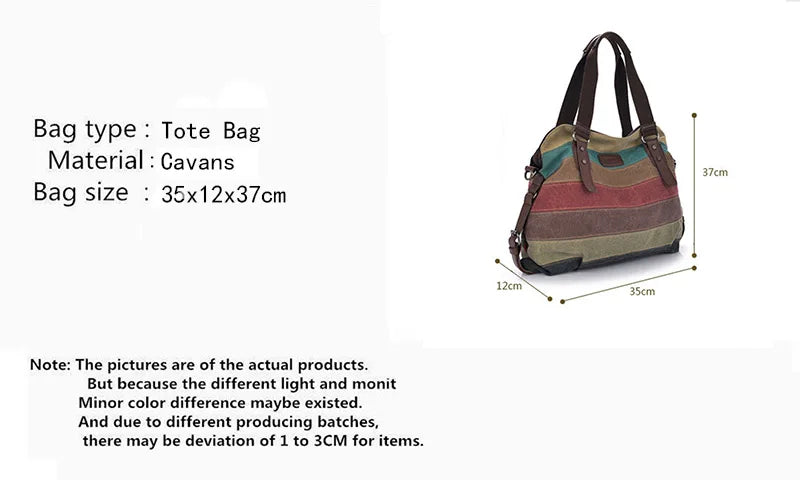 Striped Rainbow Canvas Tote Shoulder Bag