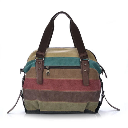 Striped Rainbow Canvas Tote Shoulder Bag
