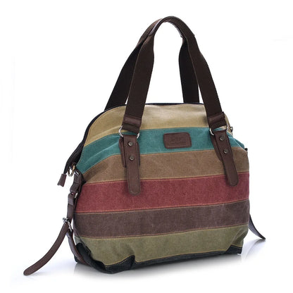 Striped Rainbow Canvas Tote Shoulder Bag
