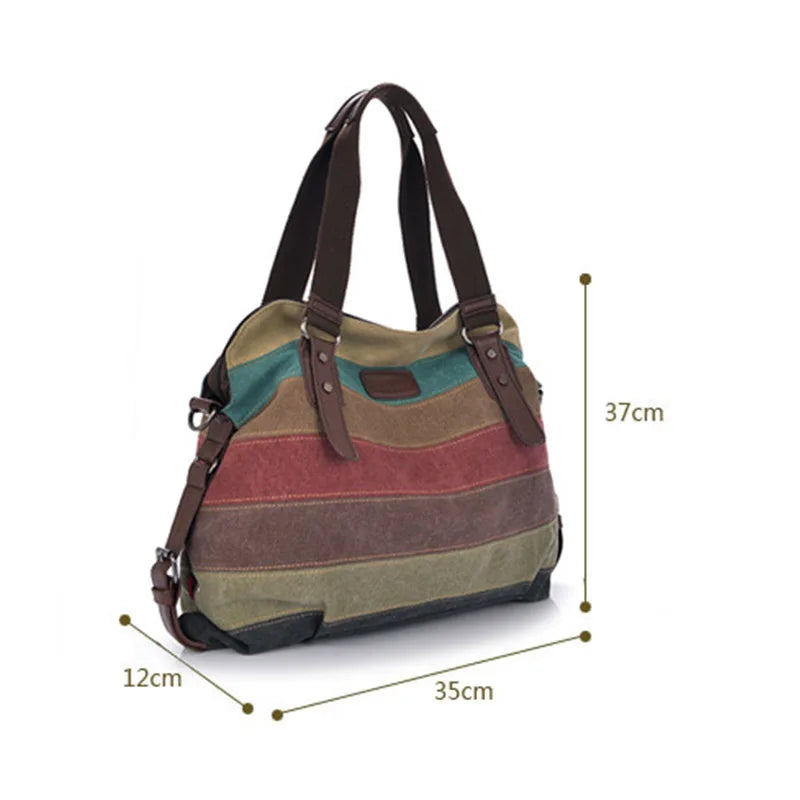 Striped Rainbow Canvas Tote Shoulder Bag
