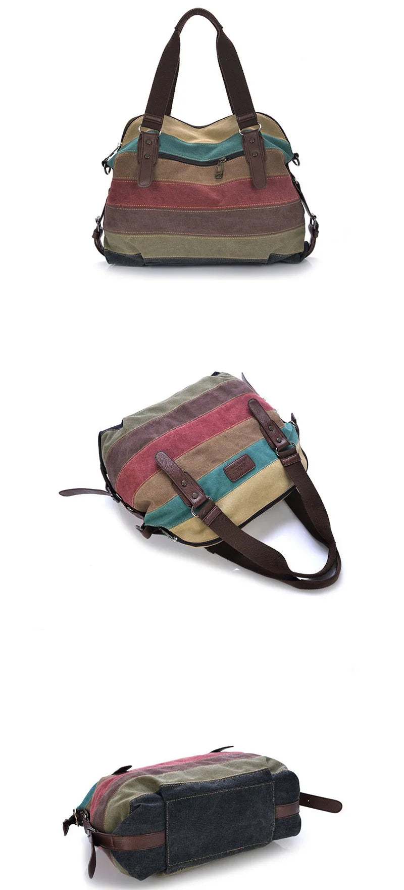 Striped Rainbow Canvas Tote Shoulder Bag