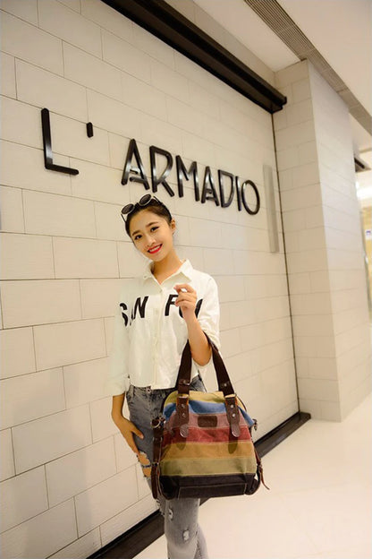 Striped Rainbow Canvas Tote Shoulder Bag