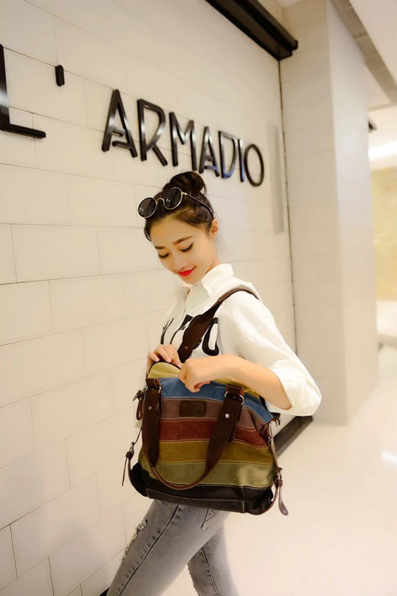 Striped Rainbow Canvas Tote Shoulder Bag