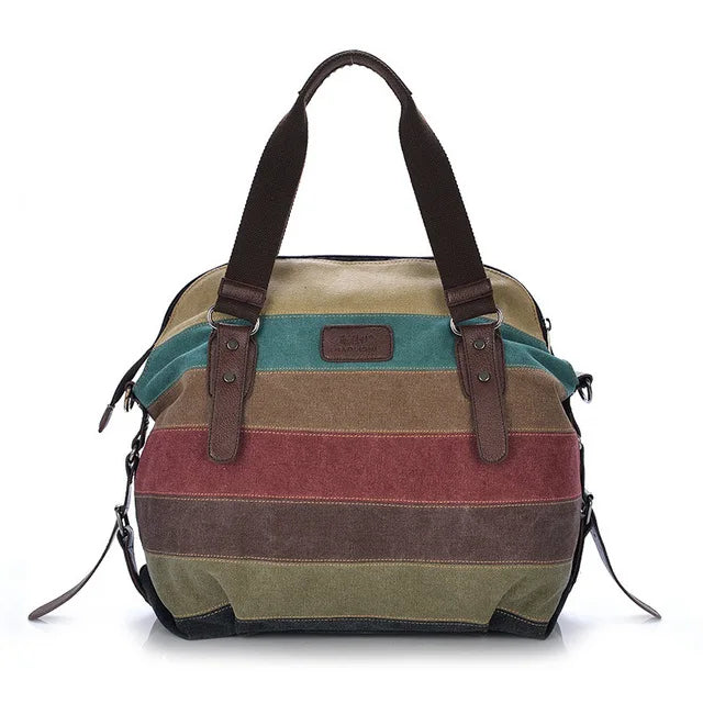 Striped Rainbow Canvas Tote Shoulder Bag