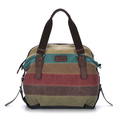 Striped Rainbow Canvas Tote Shoulder Bag