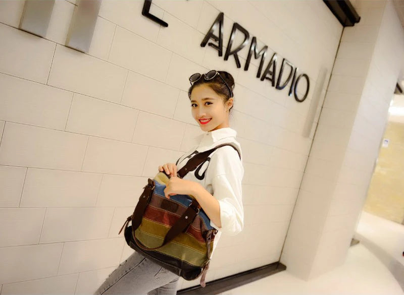 Striped Rainbow Canvas Tote Shoulder Bag