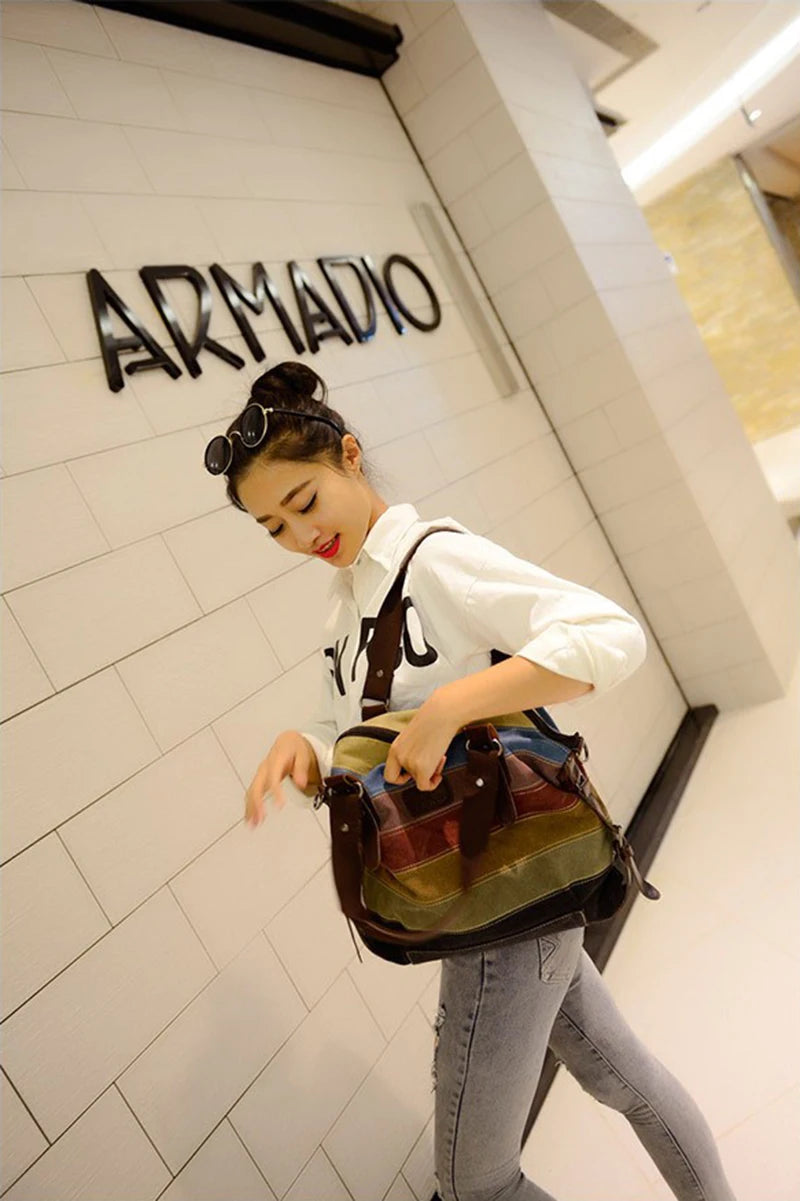 Striped Rainbow Canvas Tote Shoulder Bag