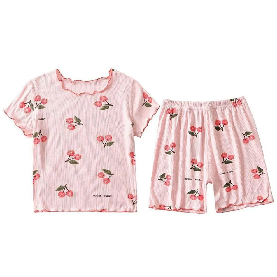 Girls Summer Pajama Set Cherry Blossom Print 4-Way Stretch Shorts & Tee Breathable