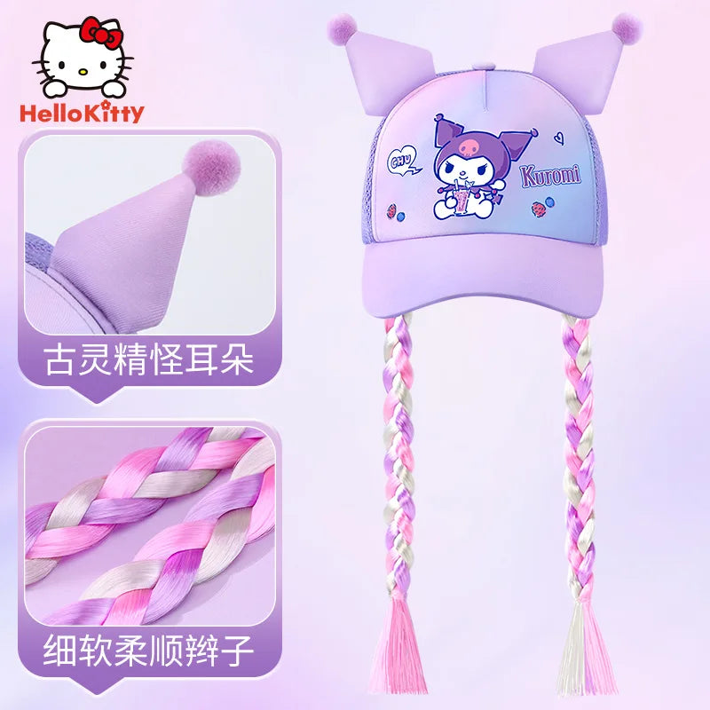 Kuromi Cute Kawaii Wig Braid  Summer Hat Kids Children Aged 5-10